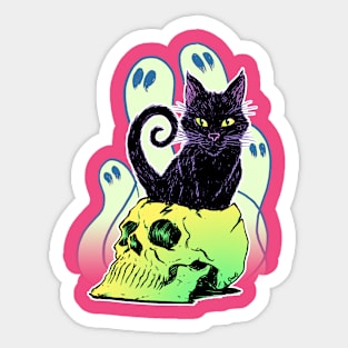 Skull Cat with Ghosts Sticker